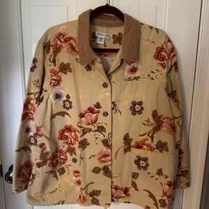 Coldwater Creek Floral Utility Jacket - Cream and Brown Sz PXL 100% Thick Cotton